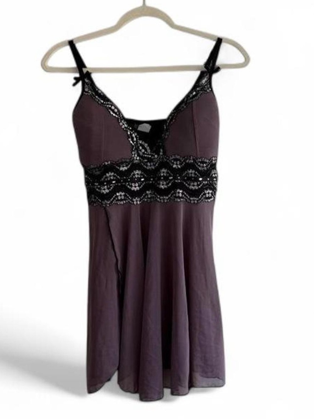 Coquette Dark Purple Chiffon & Black/Silver Lace Babydoll Slip Top Size L